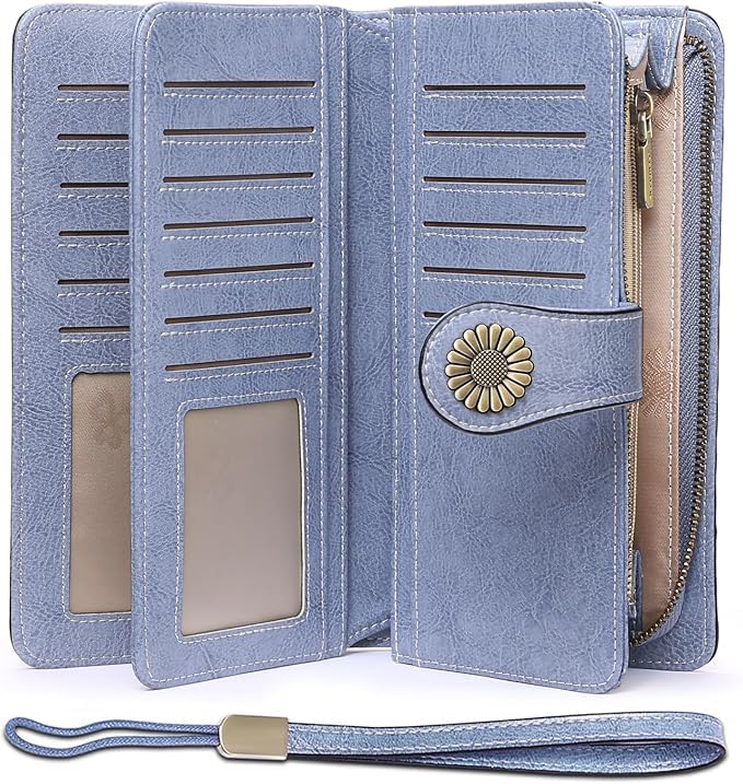 Women's RFID Blocking Leather Wristlet Wallet – 24 Card Slots, Large Capacity | Sendefn
