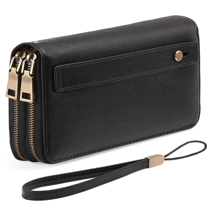 Women's RFID Wristlet Clutch Wallet – 24 Card Slots, Double Zip & Grip Hand Strap | Sendefn