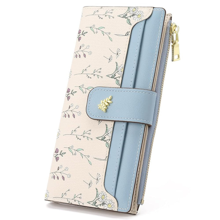 SENDEFN Womens Wallet RFID Blocking Floral Vegan Leather Bifold Long Wallet with Zipper Coin Pocket