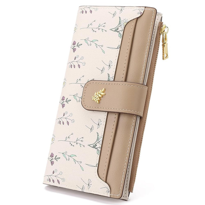 SENDEFN Womens Wallet RFID Blocking Floral Vegan Leather Bifold Long Wallet with Zipper Coin Pocket
