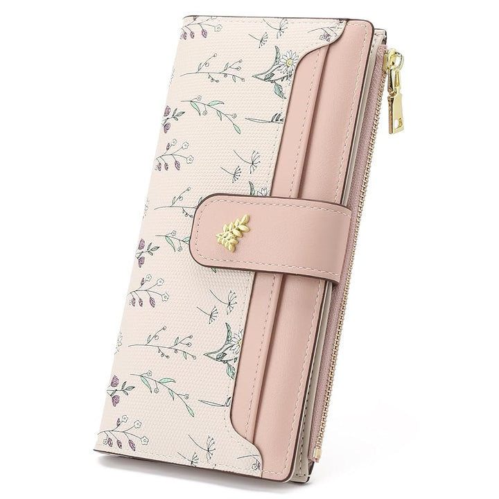 SENDEFN Womens Wallet RFID Blocking Floral Vegan Leather Bifold Long Wallet with Zipper Coin Pocket