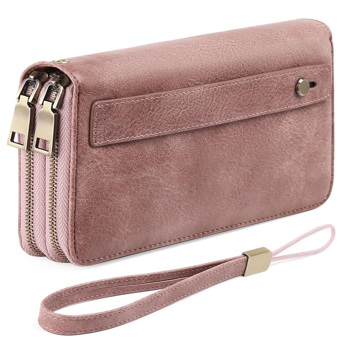 Women's RFID Wristlet Clutch Wallet – 24 Card Slots, Double Zip & Grip Hand Strap | Sendefn