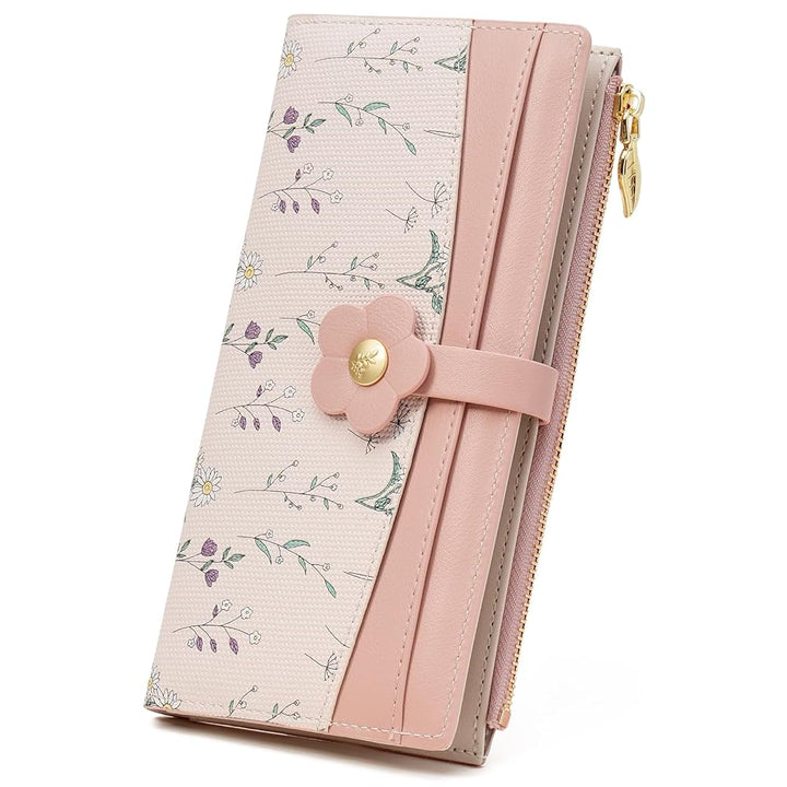 Women's Slim RFID Blocking Bifold Wallet – Floral Vegan Leather, Large Capacity with Zipper Pocket
