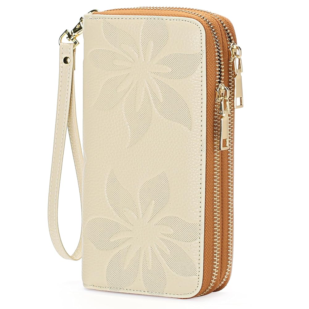 Women's RFID Wristlet Phone Wallet – Double Zip, Embossed Leather, 7 Colors | Sendefn