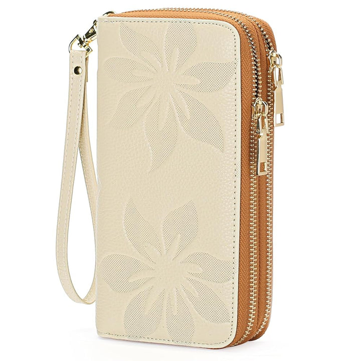 Women's RFID Wristlet Phone Wallet – Double Zip, Embossed Leather, 7 Colors | Sendefn