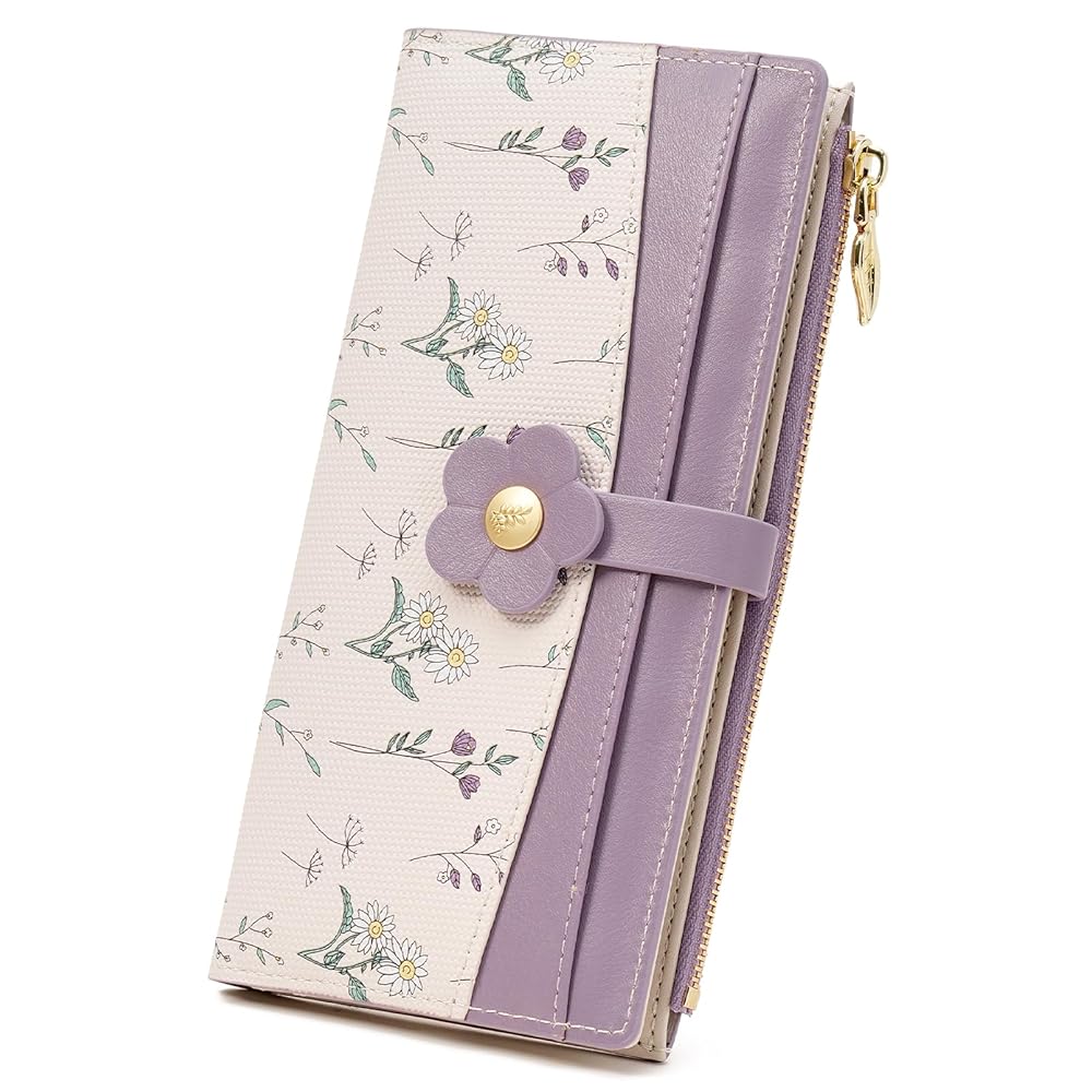 Women's Slim RFID Blocking Bifold Wallet – Floral Vegan Leather, Large Capacity with Zipper Pocket