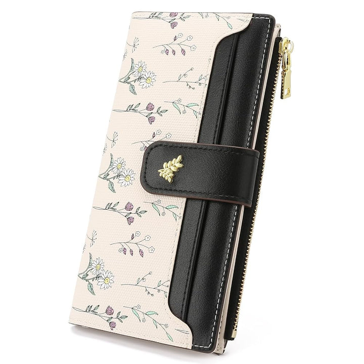 SENDEFN Womens Wallet RFID Blocking Floral Vegan Leather Bifold Long Wallet with Zipper Coin Pocket