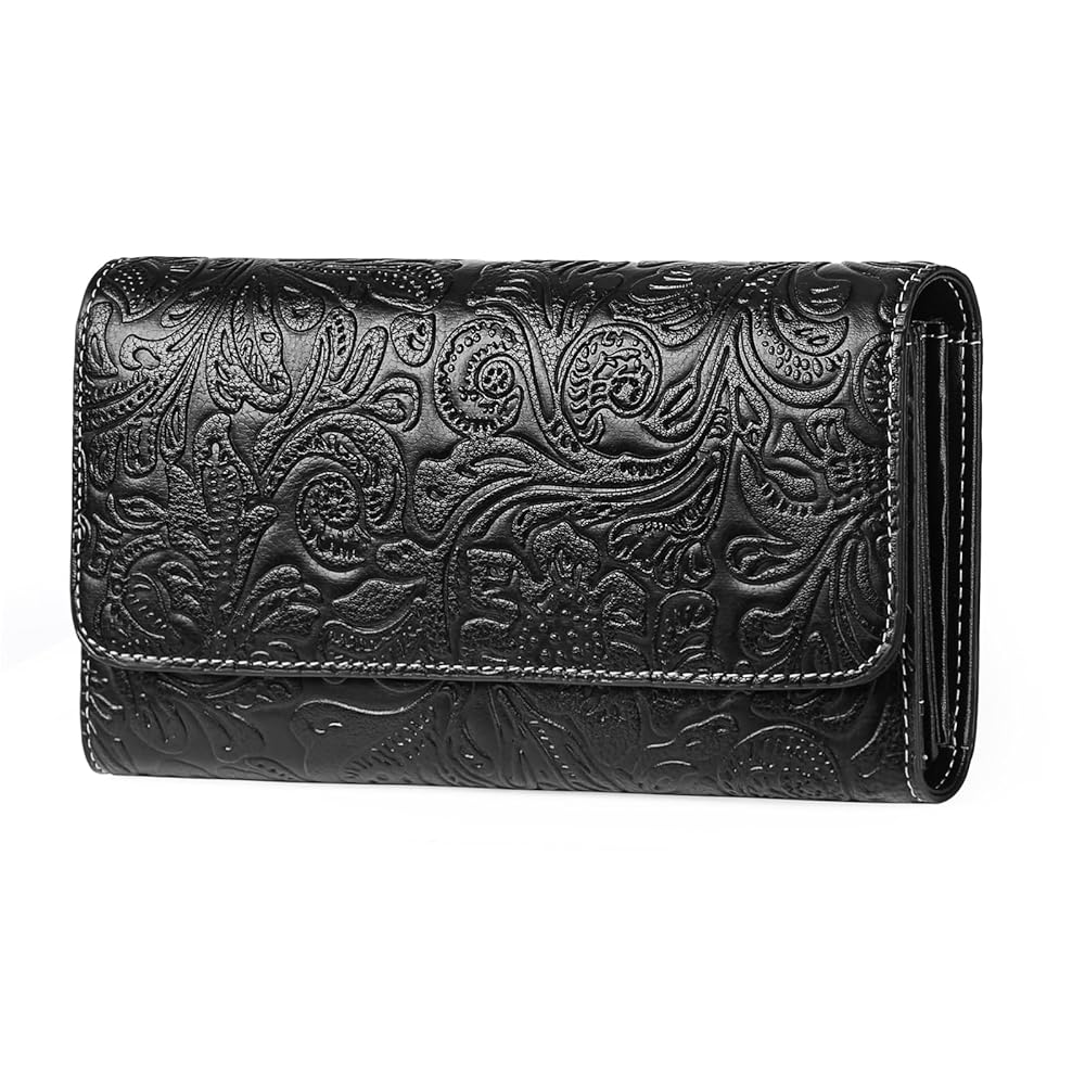 Sendefn Women's RFID Blocking Embossed Flower Long Clutch Wallet