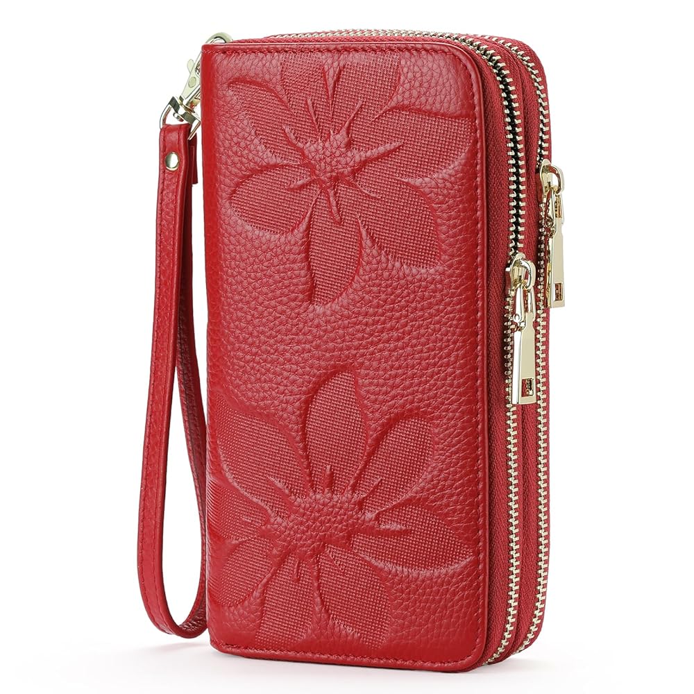 Women's RFID Wristlet Phone Wallet – Double Zip, Embossed Leather, 7 Colors | Sendefn