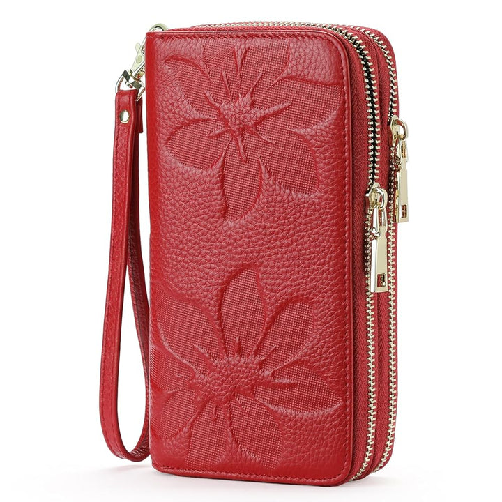 Women's RFID Wristlet Phone Wallet – Double Zip, Embossed Leather, 7 Colors | Sendefn