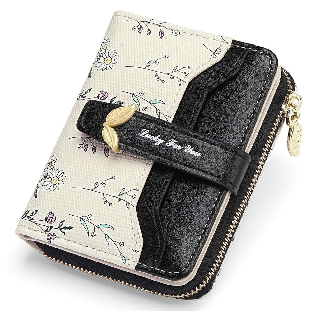 Women's Small RFID Blocking Bifold Wallet – Floral Vegan Leather, Card Holder with Zipper Pocket & ID Window