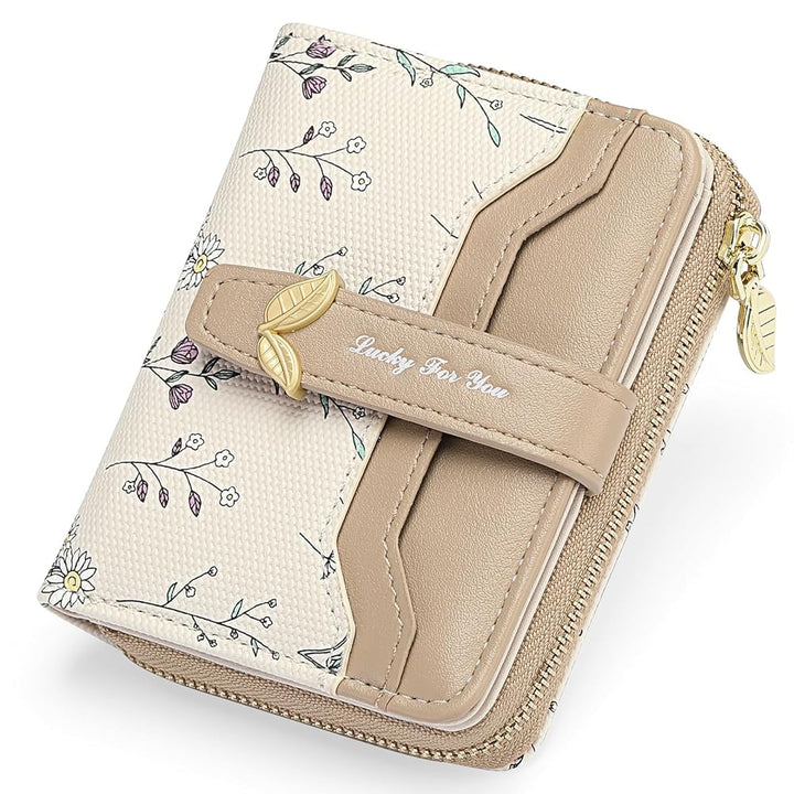 Women's Small RFID Blocking Bifold Wallet – Floral Vegan Leather, Card Holder with Zipper Pocket & ID Window