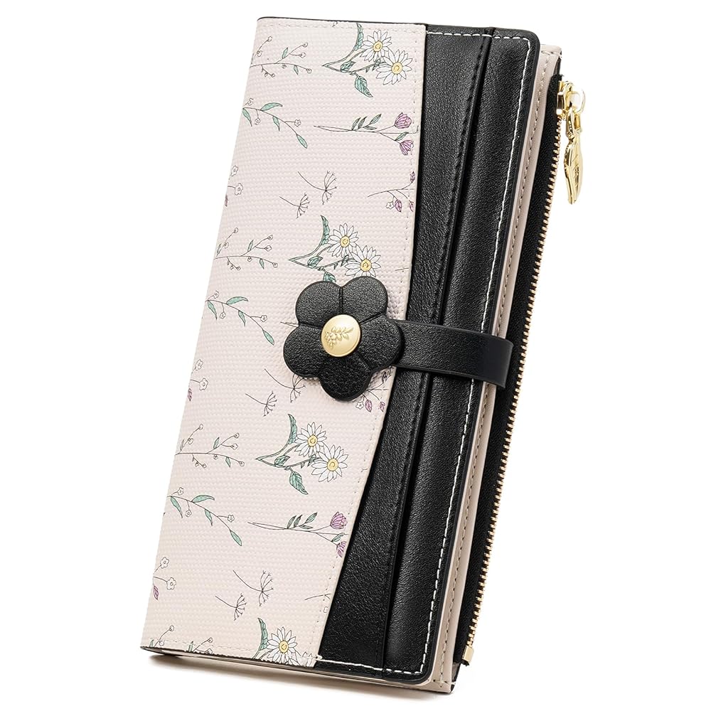 Women's Slim RFID Blocking Bifold Wallet – Floral Vegan Leather, Large Capacity with Zipper Pocket