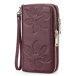 Women's RFID Wristlet Phone Wallet – Double Zip, Embossed Leather, 7 Colors | Sendefn