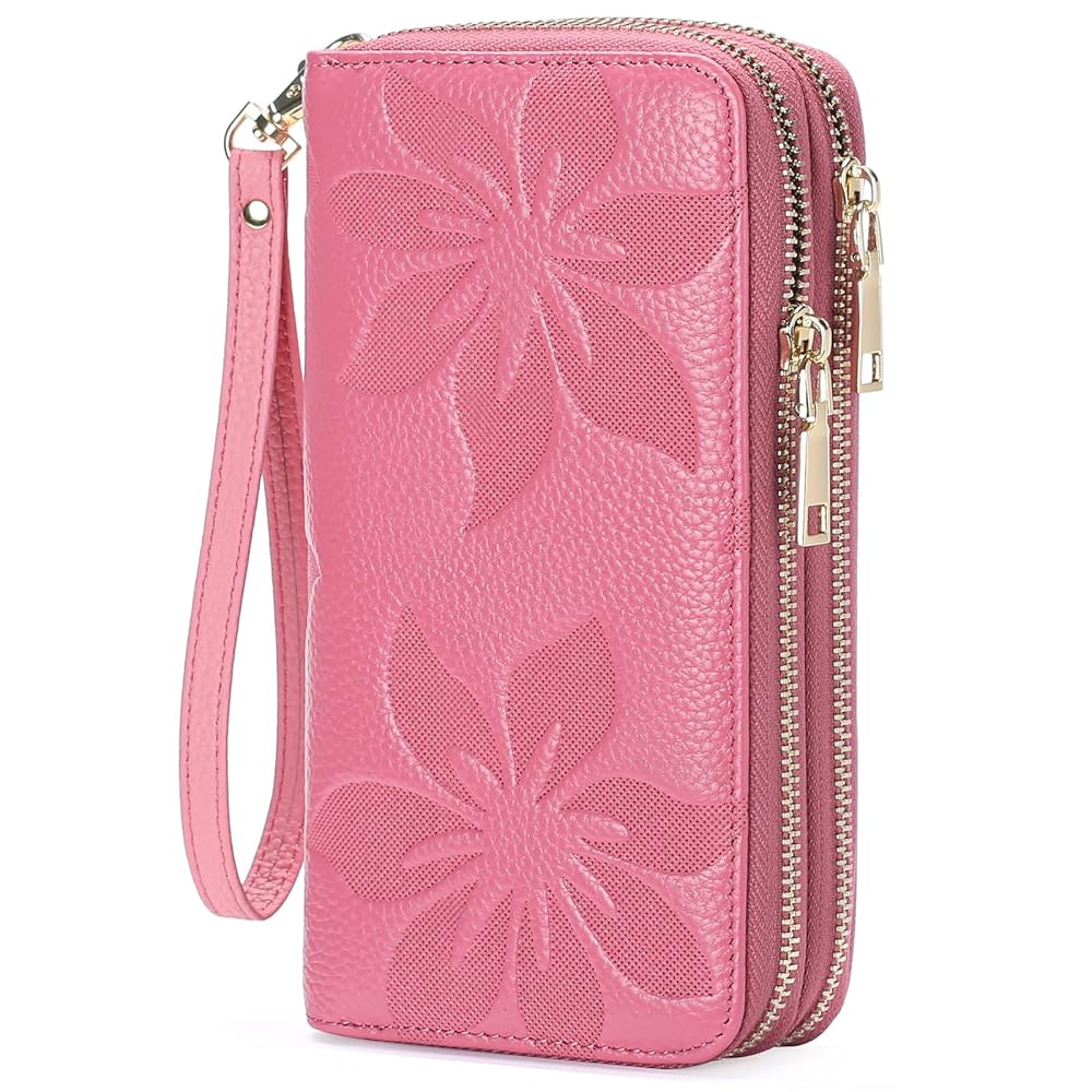 Women's RFID Wristlet Phone Wallet – Double Zip, Embossed Leather, 7 Colors | Sendefn