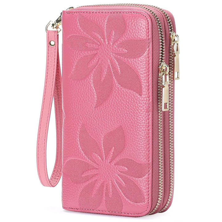 Women's RFID Wristlet Phone Wallet – Double Zip, Embossed Leather, 7 Colors | Sendefn