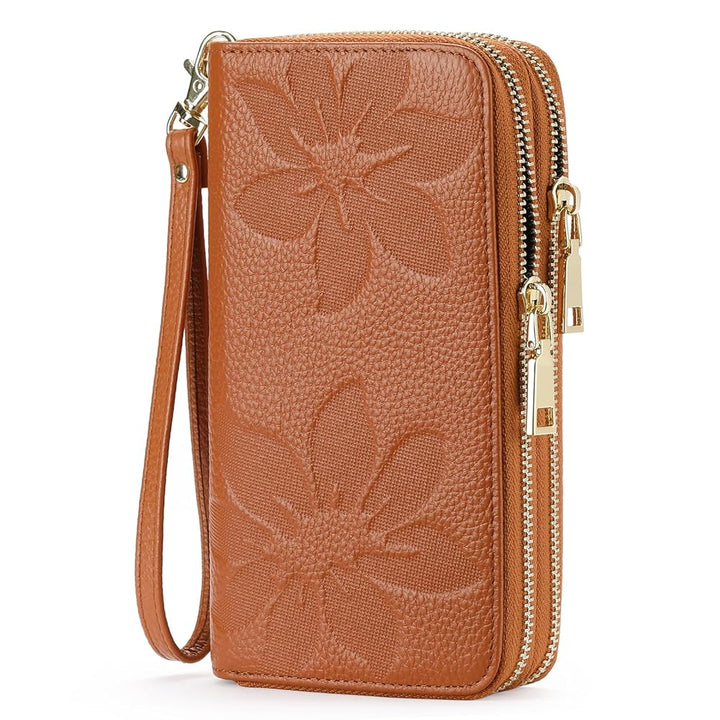 Women's RFID Wristlet Phone Wallet – Double Zip, Embossed Leather, 7 Colors | Sendefn
