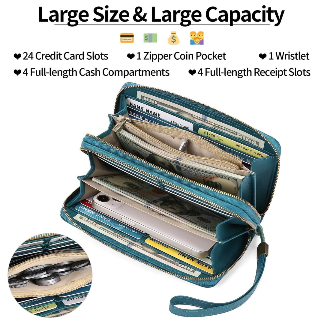 Sendefn Wallet for Women Clutch RFID Blocking Wristlet Leather Purse Large Capacity Credit Card Holder with Grip Hand Strap - SENDEFN Store