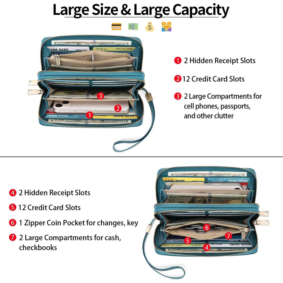 Sendefn Wallet for Women Clutch RFID Blocking Wristlet Leather Purse Large Capacity Credit Card Holder with Grip Hand Strap - SENDEFN Store