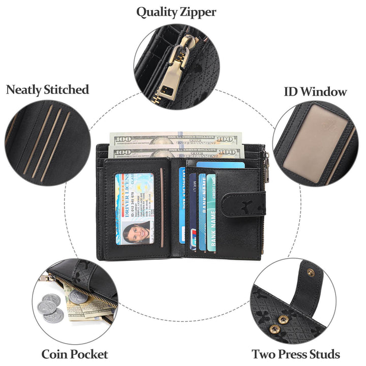 Sendefn Womens Wallet Small Leather RFID Blocking Bifold Zipper Pocket Wallet Card Case Purse with ID Window - SENDEFN Store