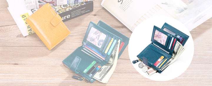 Women's Small RFID Bifold Leather Wallet – 14 Card Slots, 4 ID Windows, Slim Compact | Sendefn