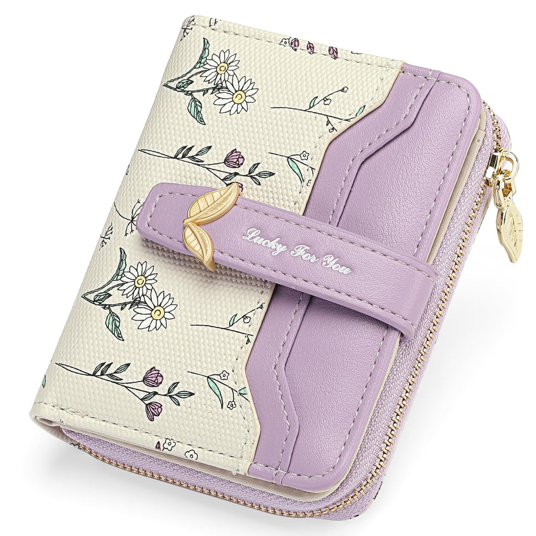 Women's Small RFID Blocking Bifold Wallet – Floral Vegan Leather, Card Holder with Zipper Pocket & ID Window