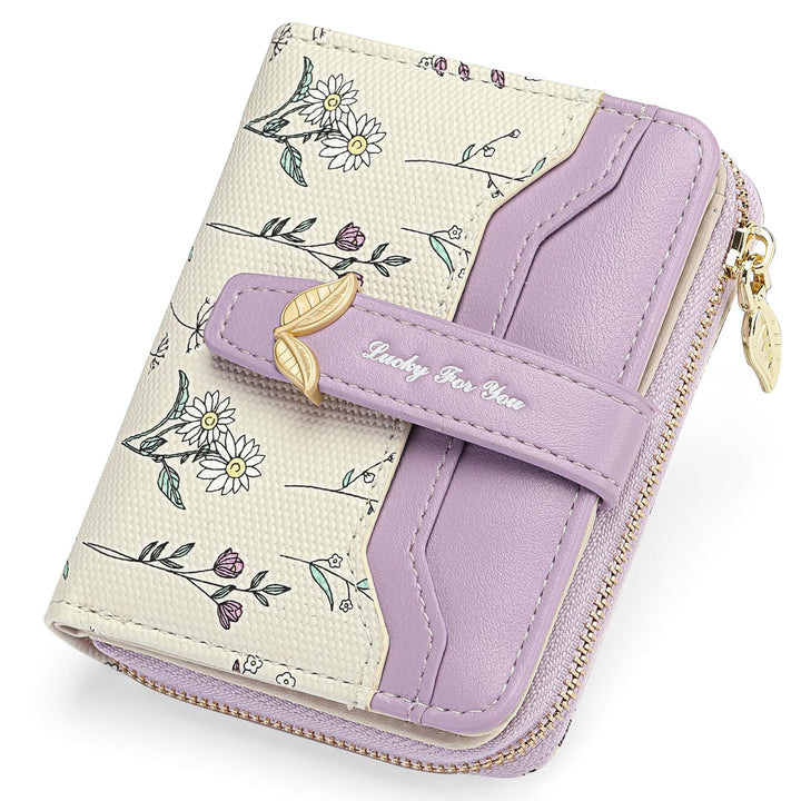Women's Small RFID Blocking Bifold Wallet – Floral Vegan Leather, Card Holder with Zipper Pocket & ID Window