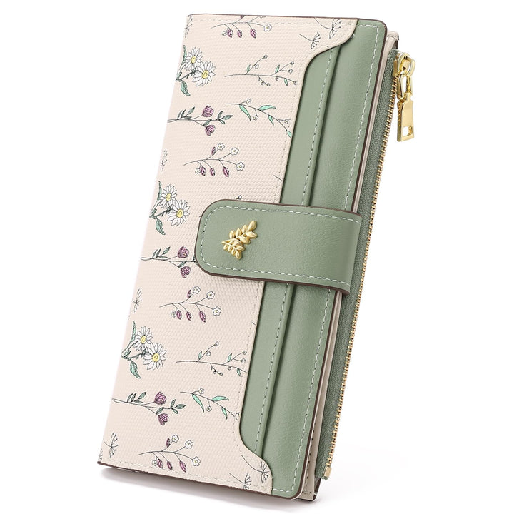 SENDEFN Womens Wallet RFID Blocking Floral Vegan Leather Bifold Long Wallet with Zipper Coin Pocket