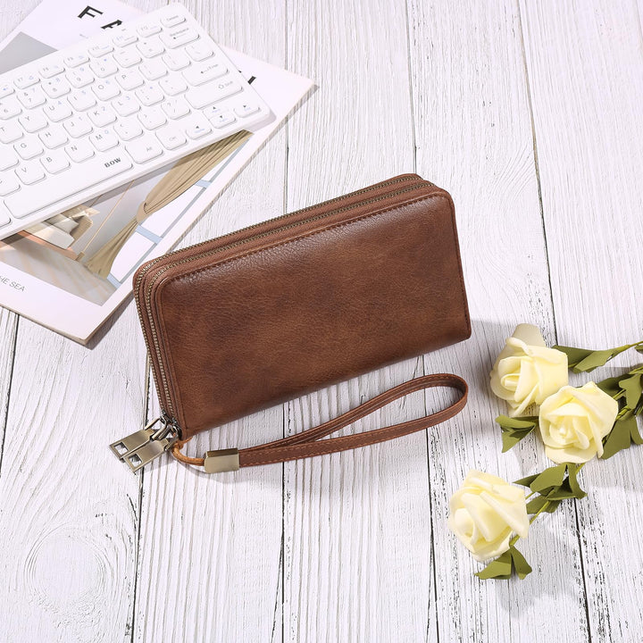Women's RFID Wristlet Clutch Wallet – 24 Card Slots, Double Zip & Grip Hand Strap | Sendefn