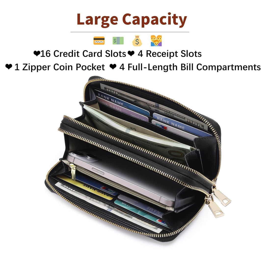 Sendefn Women's Wallet Large Capacity Double Zip Ladies Card Phone Holder RFID Blocking Wristlet Leather - SENDEFN Store