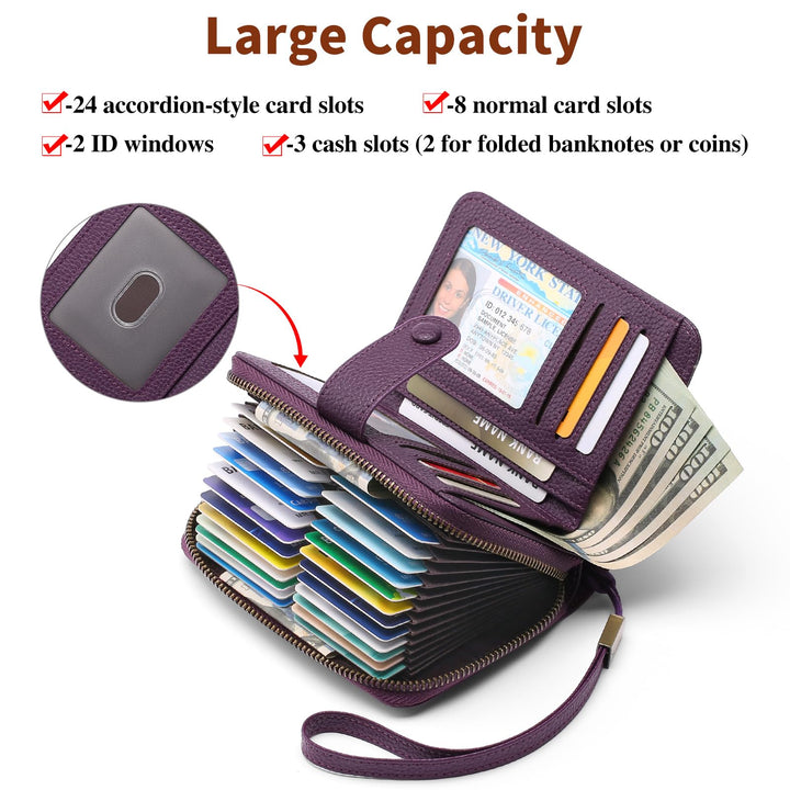 RFID Leather Wallet with Wristlet Strap for Women – 24 Card Slots | Sendefn