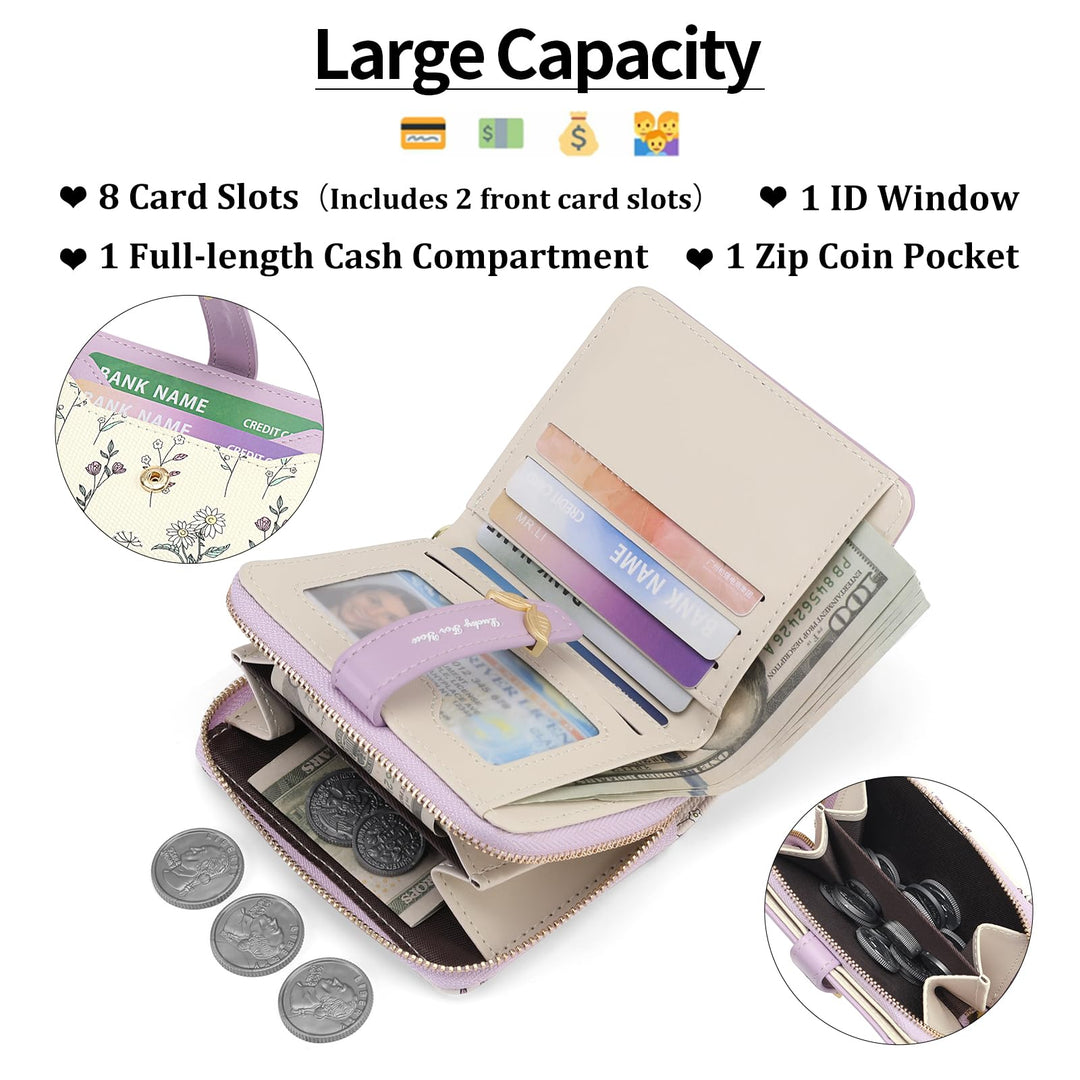 Women's Small RFID Blocking Bifold Wallet – Floral Vegan Leather, Card Holder with Zipper Pocket & ID Window