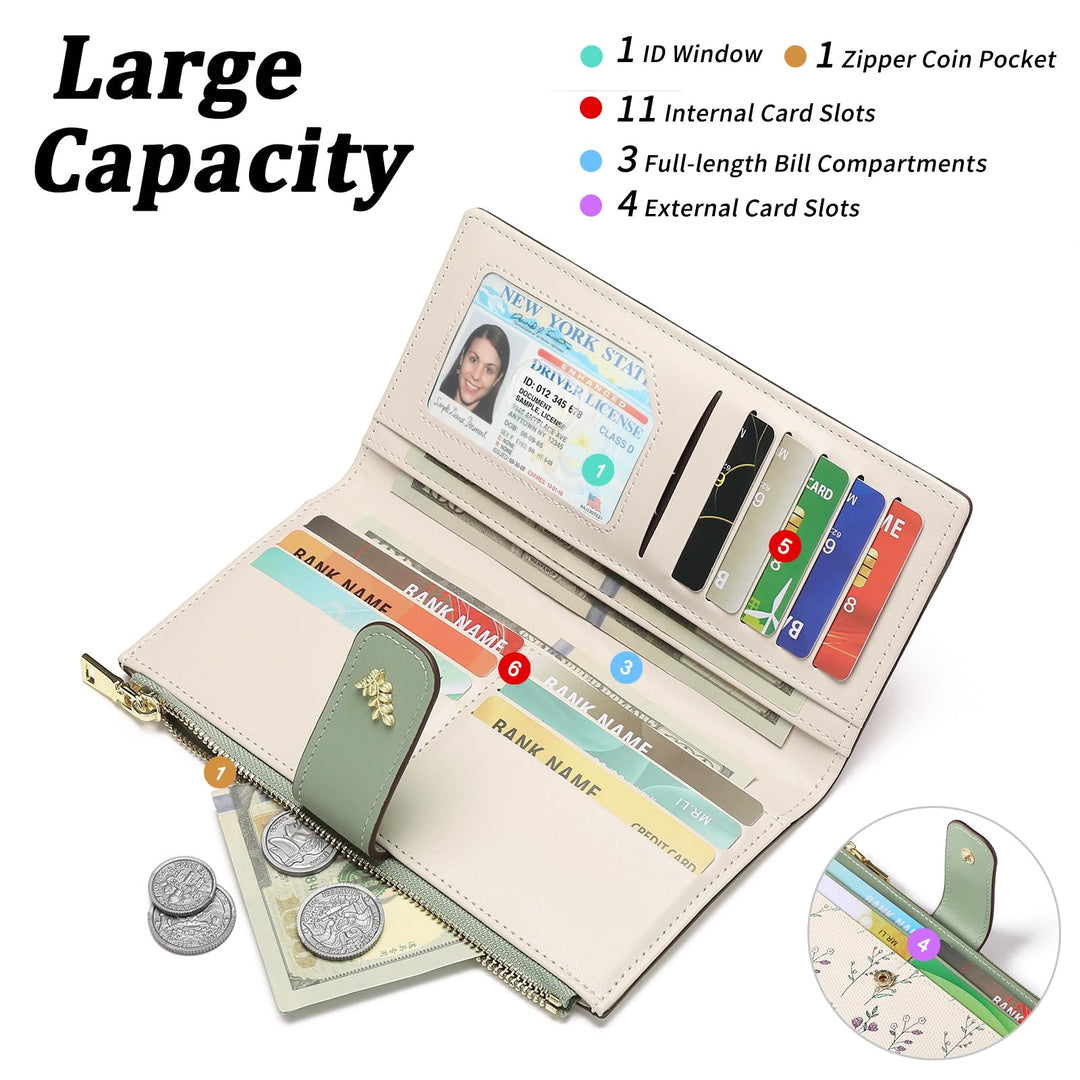 SENDEFN Womens Wallet RFID Blocking Floral Vegan Leather Bifold Long Wallet with Zipper Coin Pocket