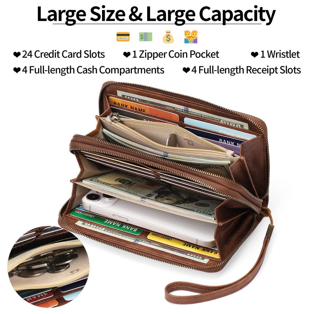 Women's RFID Wristlet Clutch Wallet – 24 Card Slots, Double Zip & Grip Hand Strap | Sendefn