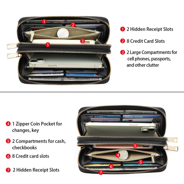 Sendefn Women's Wallet Large Capacity Double Zip Ladies Card Phone Holder RFID Blocking Wristlet Leather - SENDEFN Store