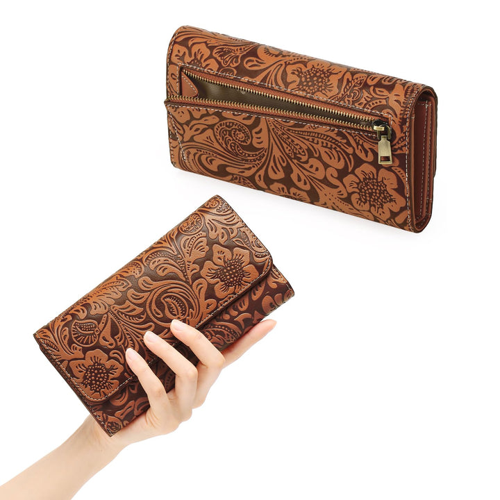 Sendefn Women's RFID Blocking Embossed Flower Long Clutch Wallet