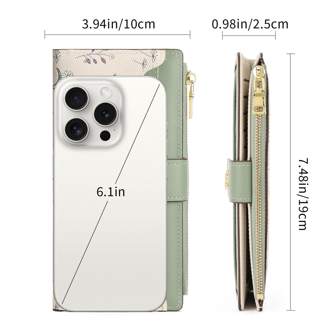 SENDEFN Womens Wallet RFID Blocking Floral Vegan Leather Bifold Long Wallet with Zipper Coin Pocket