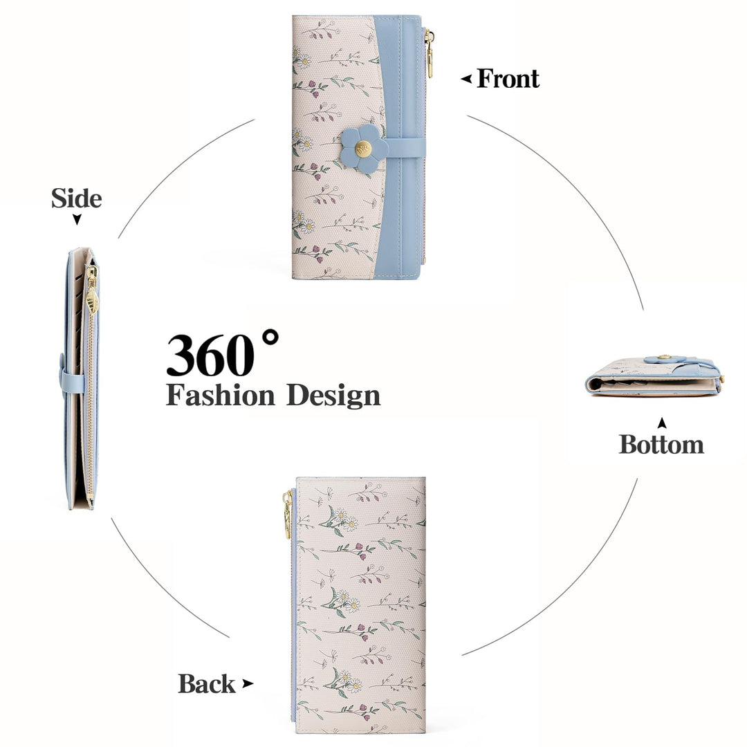 Women's Slim RFID Blocking Bifold Wallet – Floral Vegan Leather, Large Capacity with Zipper Pocket