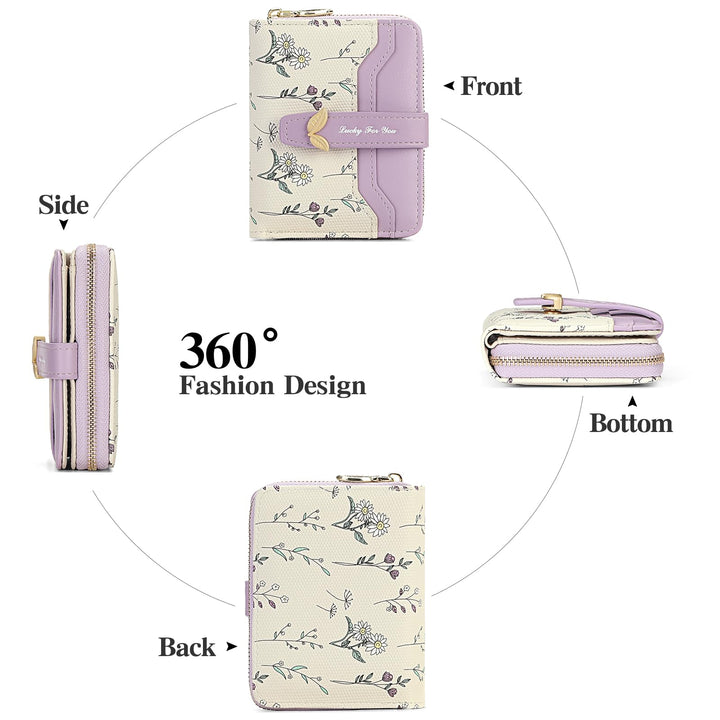Women's Small RFID Blocking Bifold Wallet – Floral Vegan Leather, Card Holder with Zipper Pocket & ID Window