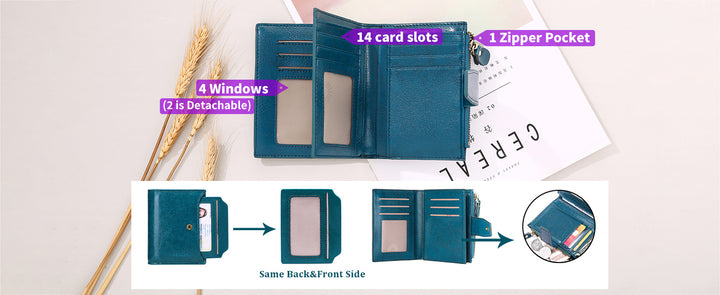 Women's Small RFID Bifold Leather Wallet – 14 Card Slots, 4 ID Windows, Slim Compact | Sendefn