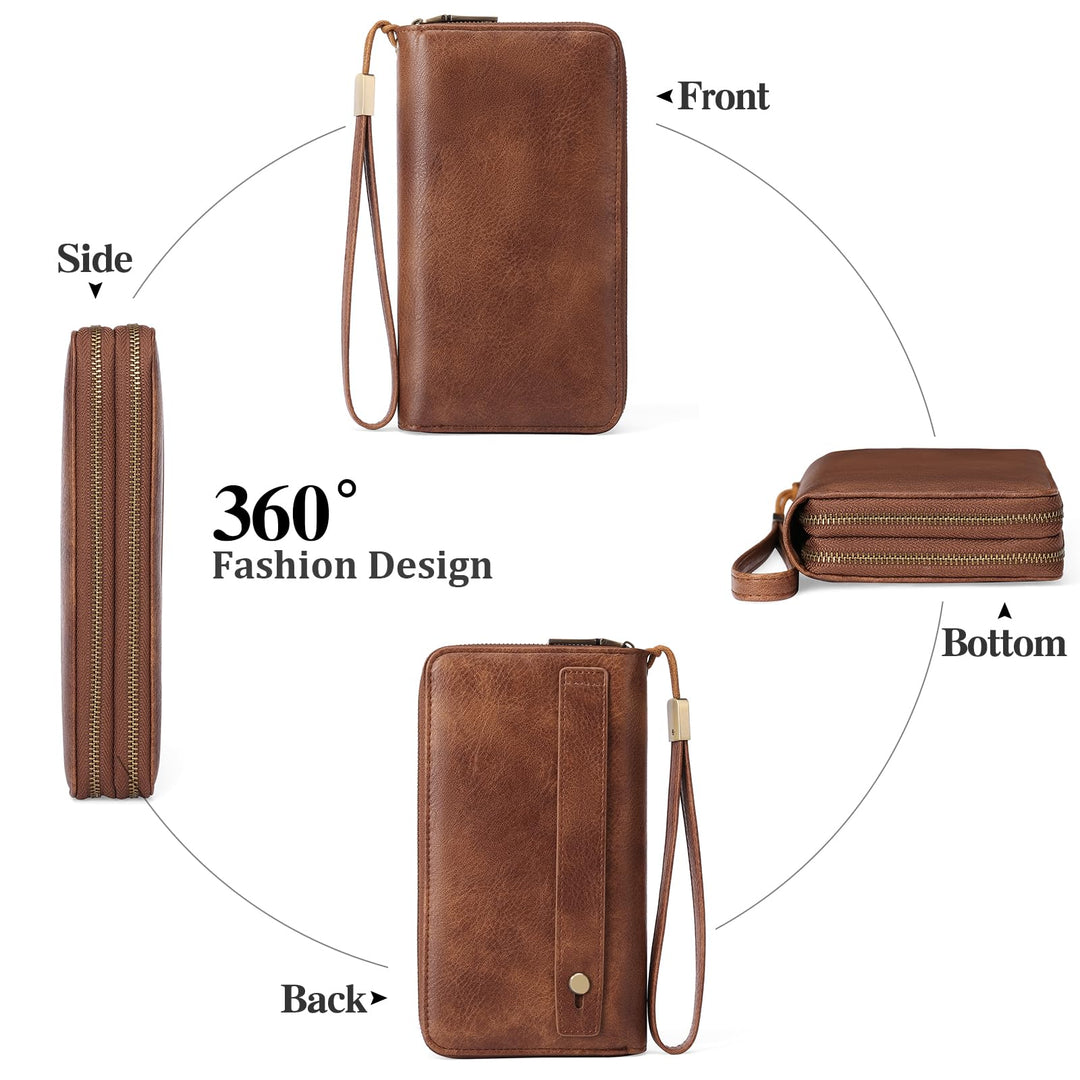 Women's RFID Wristlet Clutch Wallet – 24 Card Slots, Double Zip & Grip Hand Strap | Sendefn