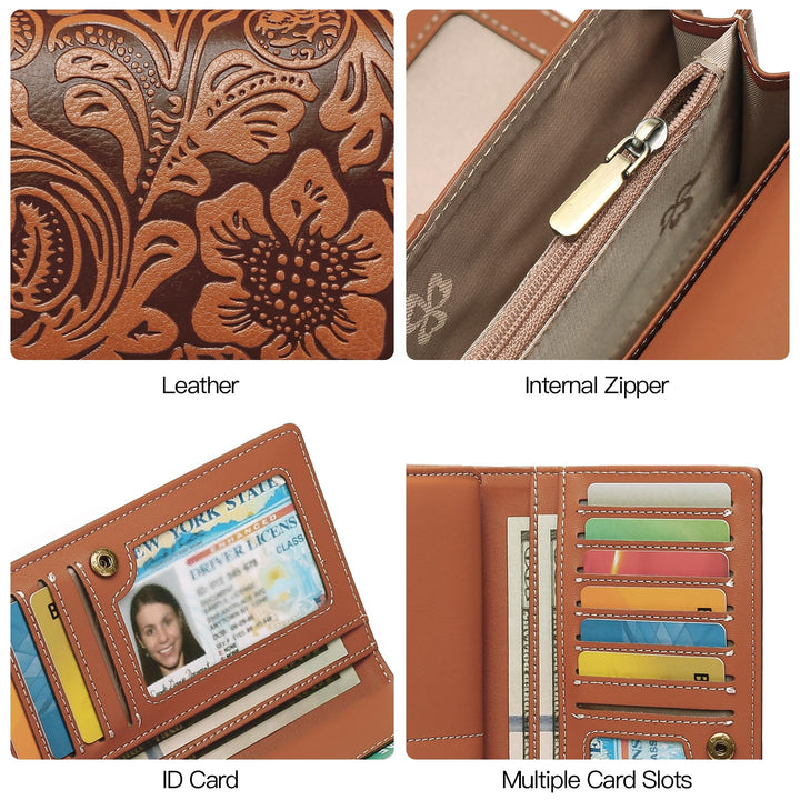 Sendefn Women's RFID Blocking Embossed Flower Long Clutch Wallet