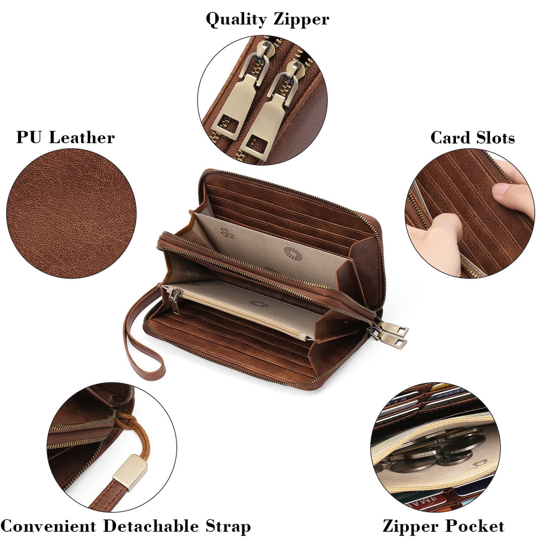 Women's RFID Wristlet Clutch Wallet – 24 Card Slots, Double Zip & Grip Hand Strap | Sendefn