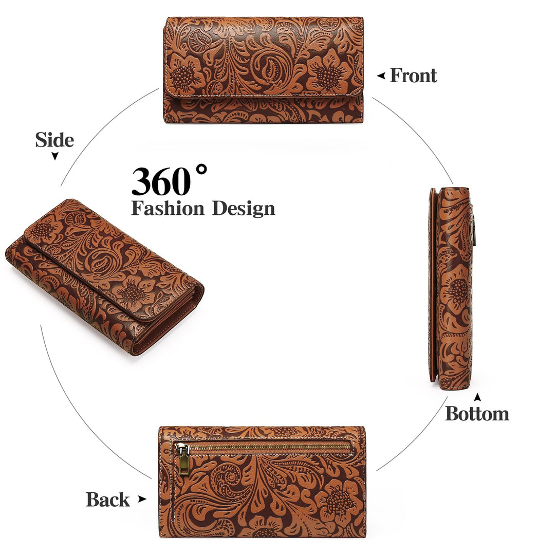 Sendefn Women's RFID Blocking Embossed Flower Long Clutch Wallet