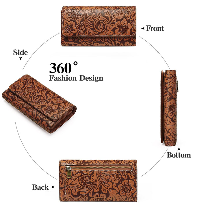 Sendefn Women's RFID Blocking Embossed Flower Long Clutch Wallet