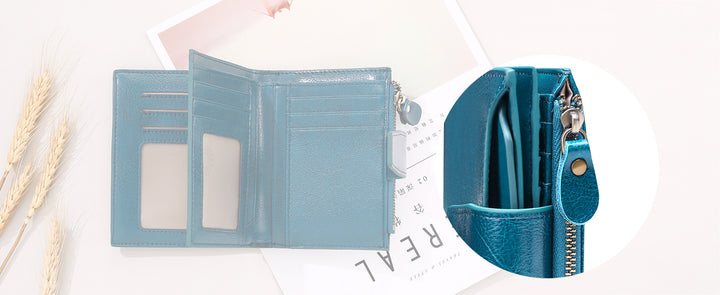 Women's Small RFID Bifold Leather Wallet – 14 Card Slots, 4 ID Windows, Slim Compact | Sendefn